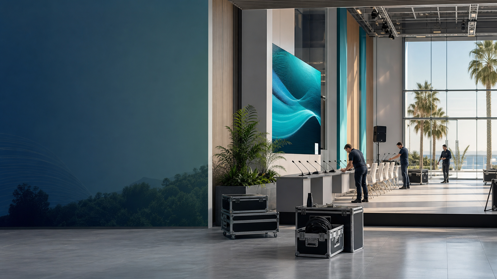 International conference pavilion service setup with AV equipment and meeting furniture
